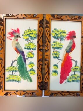 Vintage Handcrafted Feather Bird Wall Art Pair - Multicolor Mexico